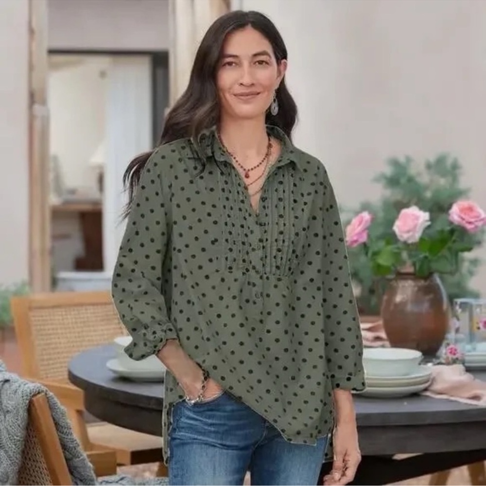 Sundance Lively Days tunic top olive green polka dot size small